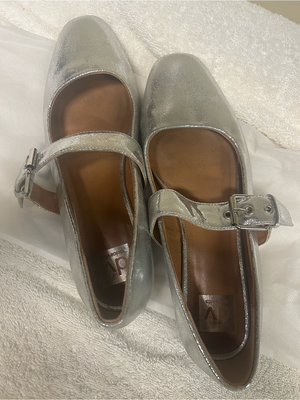 DV by Dolce Vita Metallic Silver Mary Jane Flats with Buckle Strap